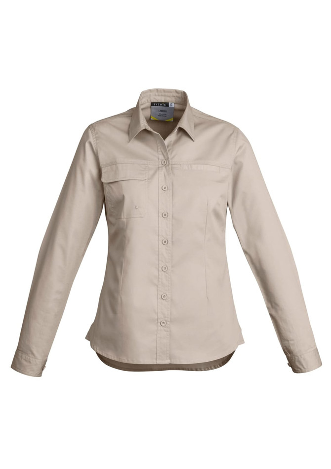 A lightweight long sleeve women's work shirt in beige, featuring a collar and button-up front with a chest pocket.