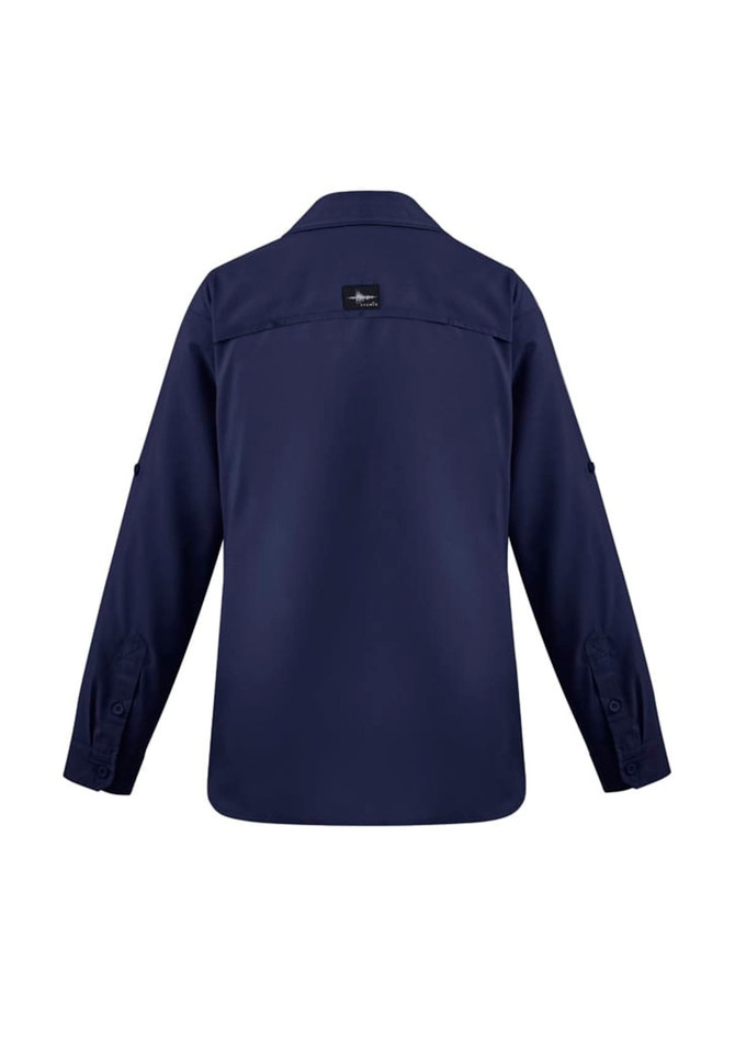 A women's long sleeve button-up shirt in navy blue, featuring a logo on the back.