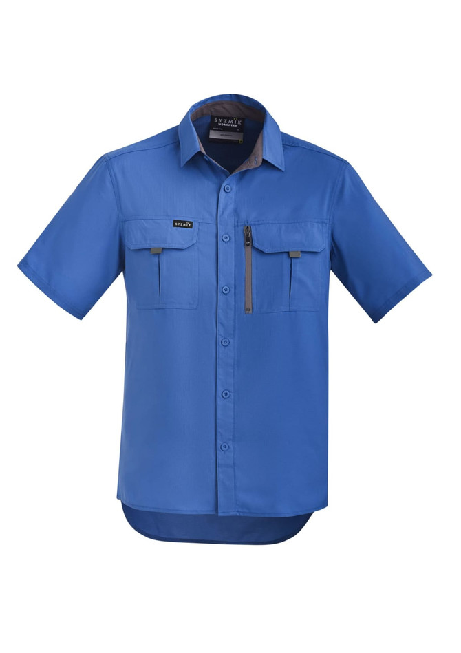 Short sleeve shirt in vibrant blue, featuring two chest pockets and a zip pocket, with a logo.
