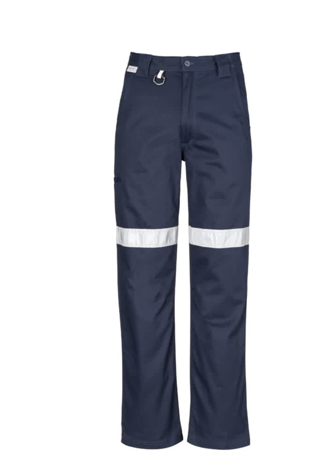 A pair of navy blue utility pants featuring reflective tape and a logo, designed for workwear.