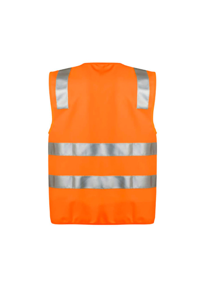 A unisex hi-vis zip vest in bright orange with silver reflective stripes, featuring a logo on the back.