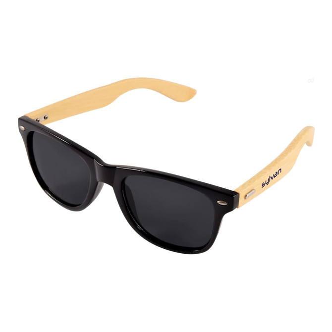 Bamboo sunglasses featuring black lenses and light-coloured bamboo arms, with a logo on the side.