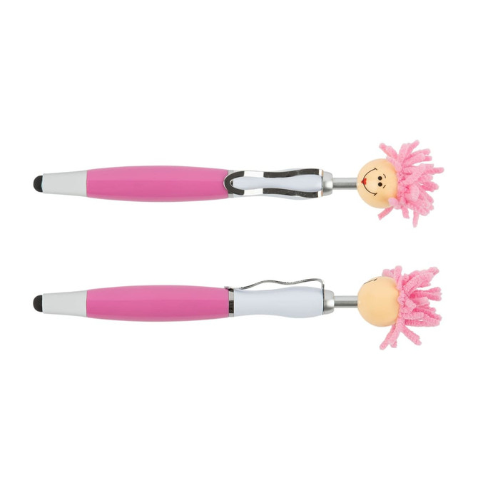 A pink Mop Top pen and stylus featuring a smiling character with pink yarn-like hair, and a shiny silver clip.