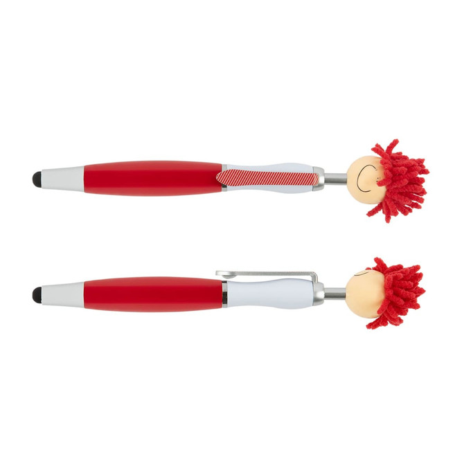A red and white pen stylus with a smiling face and fuzzy red hair, featuring a logo on the body.