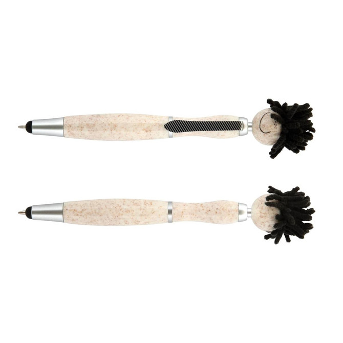 Two eco-friendly stylus pens with black pom-pom tops and beige bodies, featuring a logo on the design.