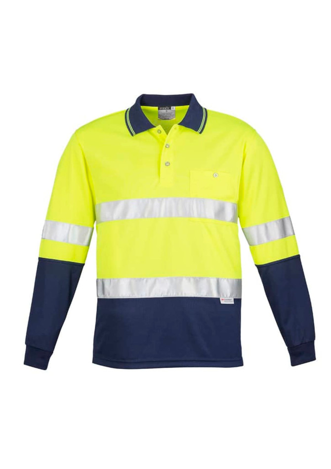 A long sleeve polo shirt featuring high visibility yellow with navy accents and reflective hoop tape. It includes a logo.