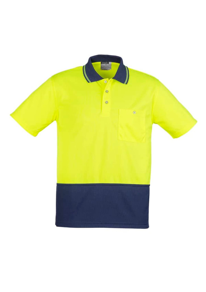 A bright yellow unisex short sleeve polo shirt with a navy blue bottom and a pocket, featuring a logo.