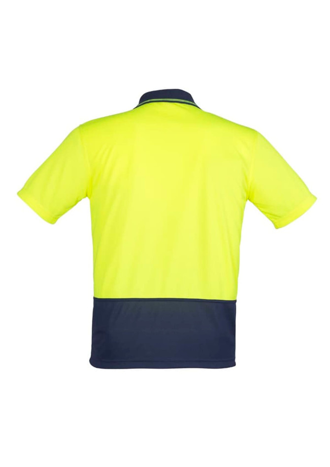 A bright yellow unisex short sleeve polo shirt featuring a navy blue band at the bottom and a logo on the back.