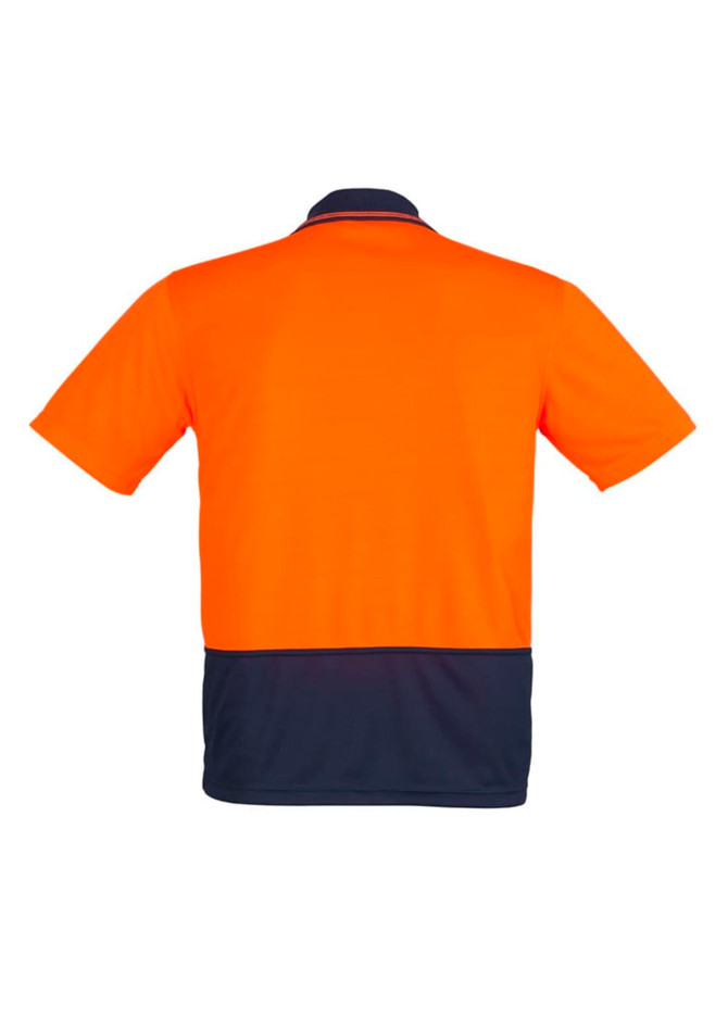 A unisex short sleeve polo shirt in bright orange and navy, featuring a logo on the back.