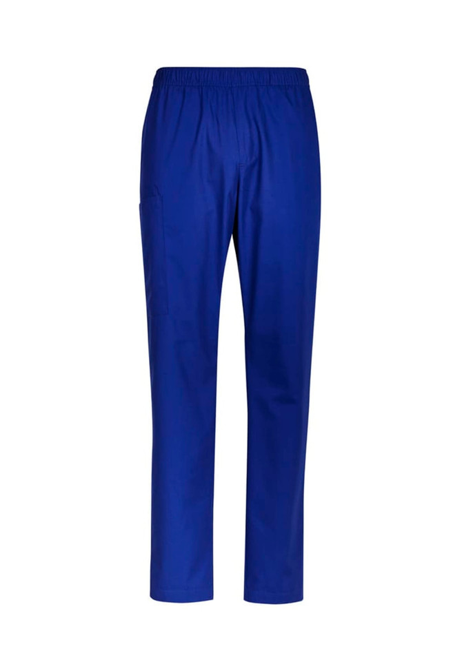 A pair of blue scrub pants featuring an elastic waistband and side pocket, with a logo on the design.