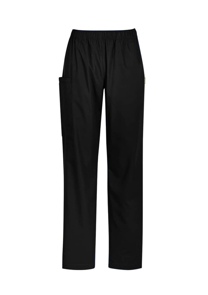 Black women's scrub pants with a comfortable elastic waistband and side pockets, featuring a small logo.