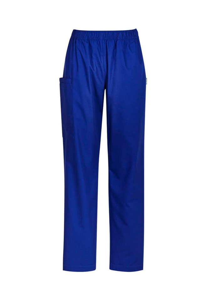 Royal blue women's scrub pants featuring an elastic waistband and side pockets. Includes a logo on the fabric.