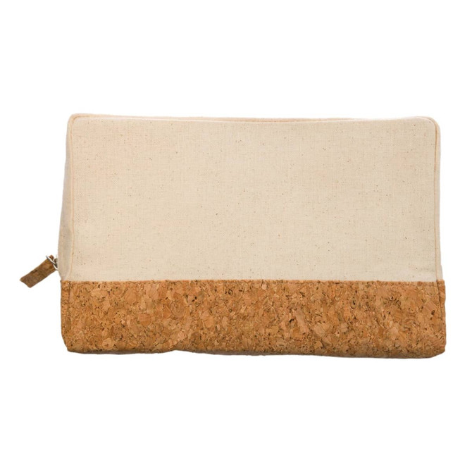 A utility case featuring a cream fabric upper and a natural cork lower section, with a zip closure and branding.