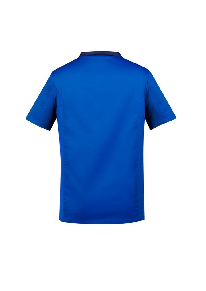 A men's scrub top in a vibrant blue with a contrasting darker shade at the collar and sleeves, featuring a logo.