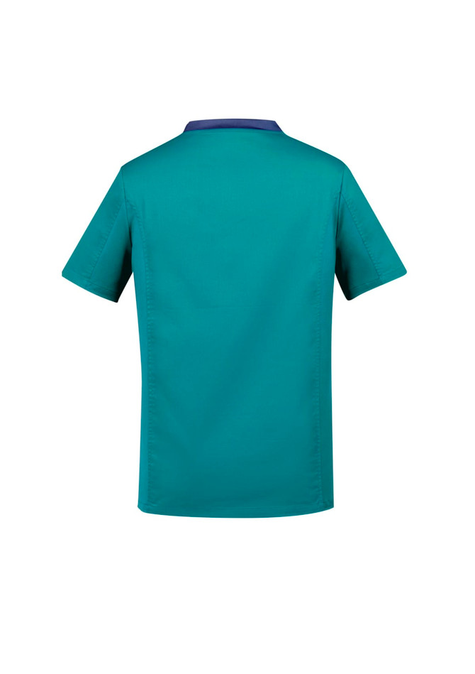 A teal men's scrub top featuring a contrasting collar. The back view highlights a simple, modern design.