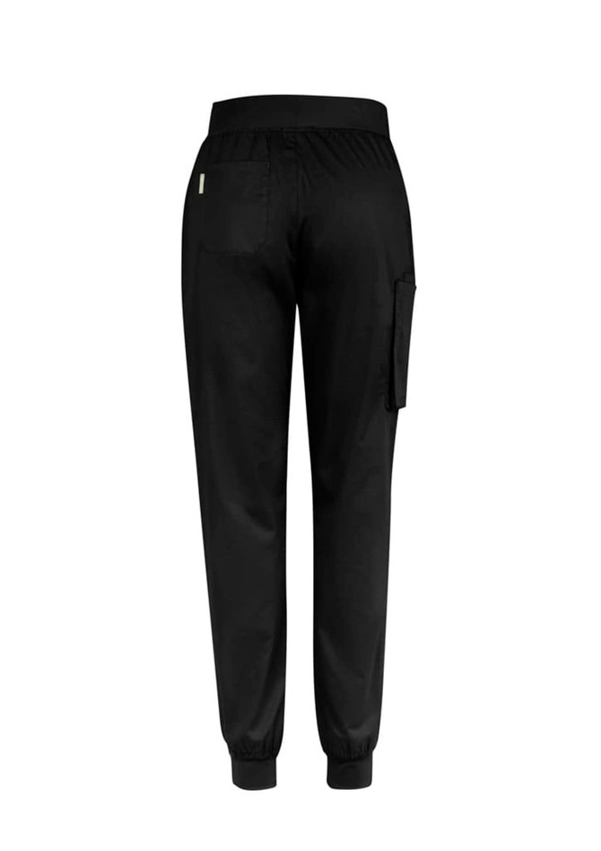 Black women's jogger scrub pants featuring a slim leg design and elastic waistband. Includes side and back pockets.