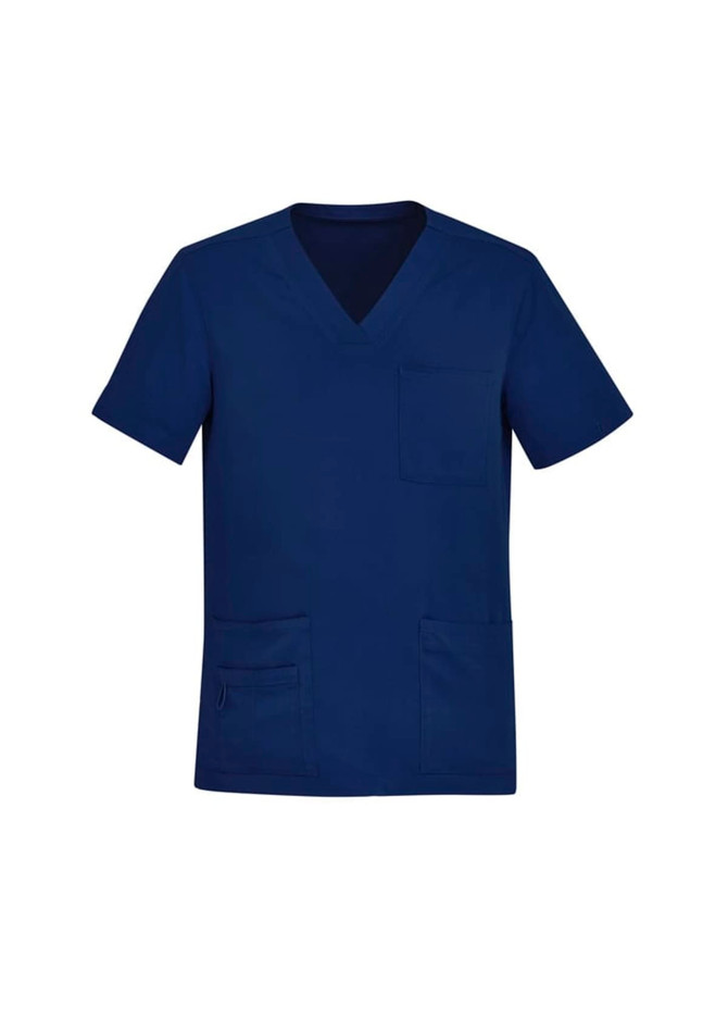 A navy blue men's V-neck scrub top with short sleeves and multiple pockets. It features a logo on the left side.