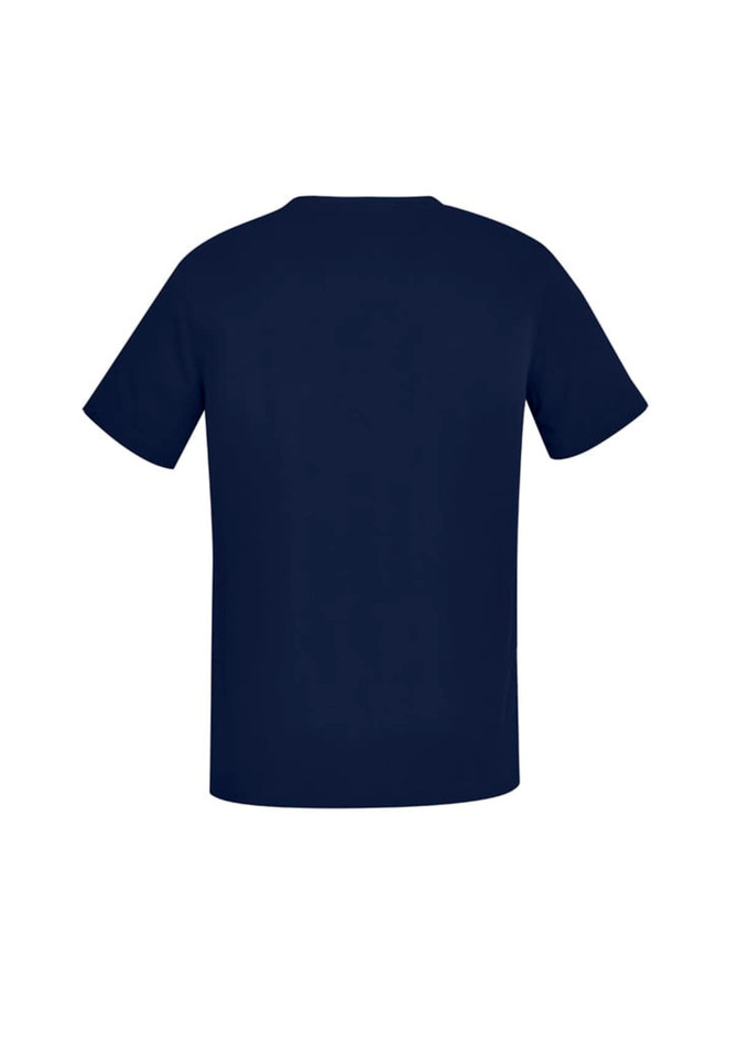 Navy V-neck scrub top featuring short sleeves and a simple design, with a branding logo present.
