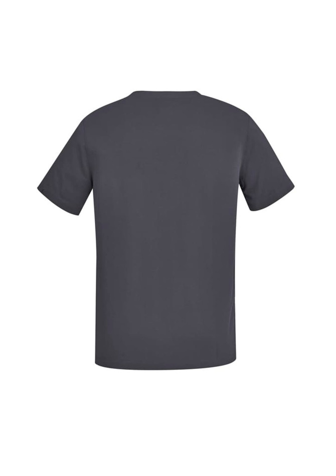A grey men's V-neck scrub top featuring short sleeves and a back view design. It includes a branding logo.