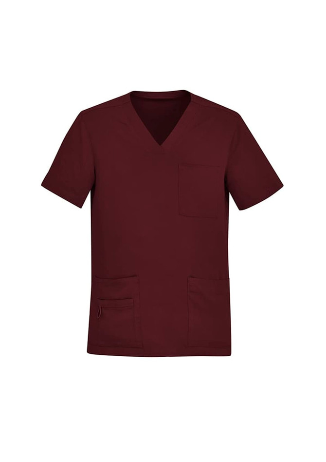 A maroon men's V-neck scrub top featuring short sleeves and multiple pockets, with a logo present.