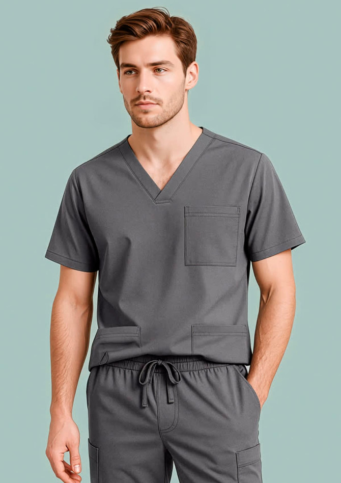 Men's grey V-neck scrub top featuring a pocket and logo, part of a scrub uniform set.
