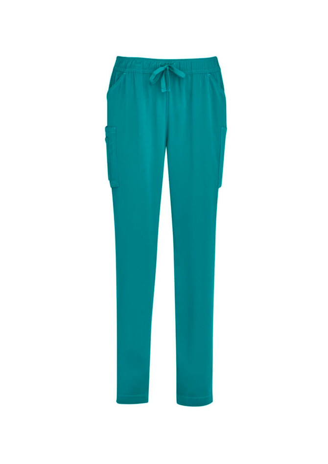 A pair of teal slim leg scrub pants with an elastic waistband and side pockets. Features a logo on the garment.