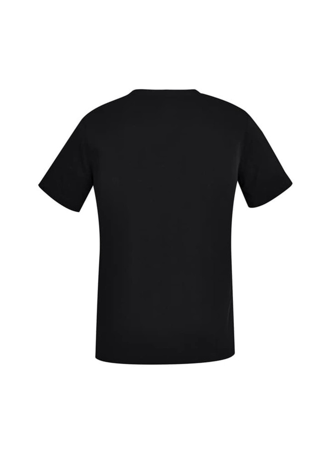 A black women's scrub top with a v-neck and short sleeves, featuring a smooth finish and an unadorned back.