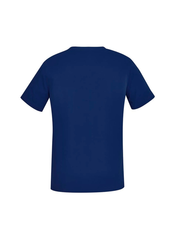 A navy blue women's V-neck scrub top with short sleeves, featuring a simple design and no visible branding.