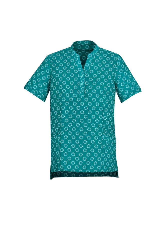 A teal tunic featuring a white daisy print, designed with a short collar and short sleeves. It has a logo.