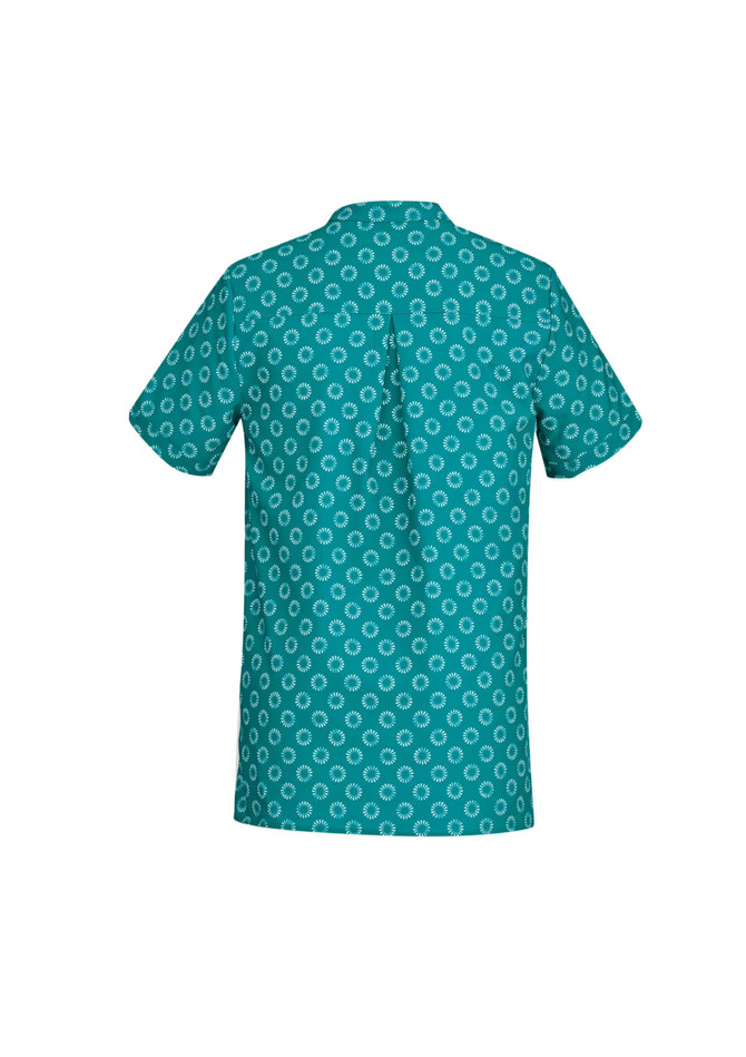 A turquoise tunic featuring a daisy print pattern. The garment has a back yoke and short sleeves.