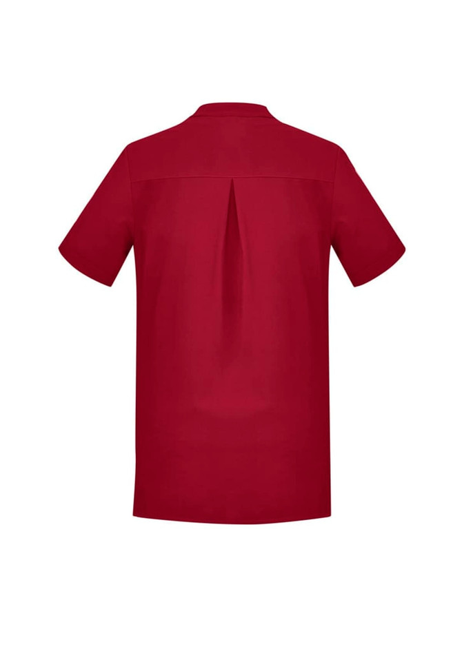 A red women's tunic featuring short sleeves and a back pleat, designed for uniforms. Includes a branding logo.