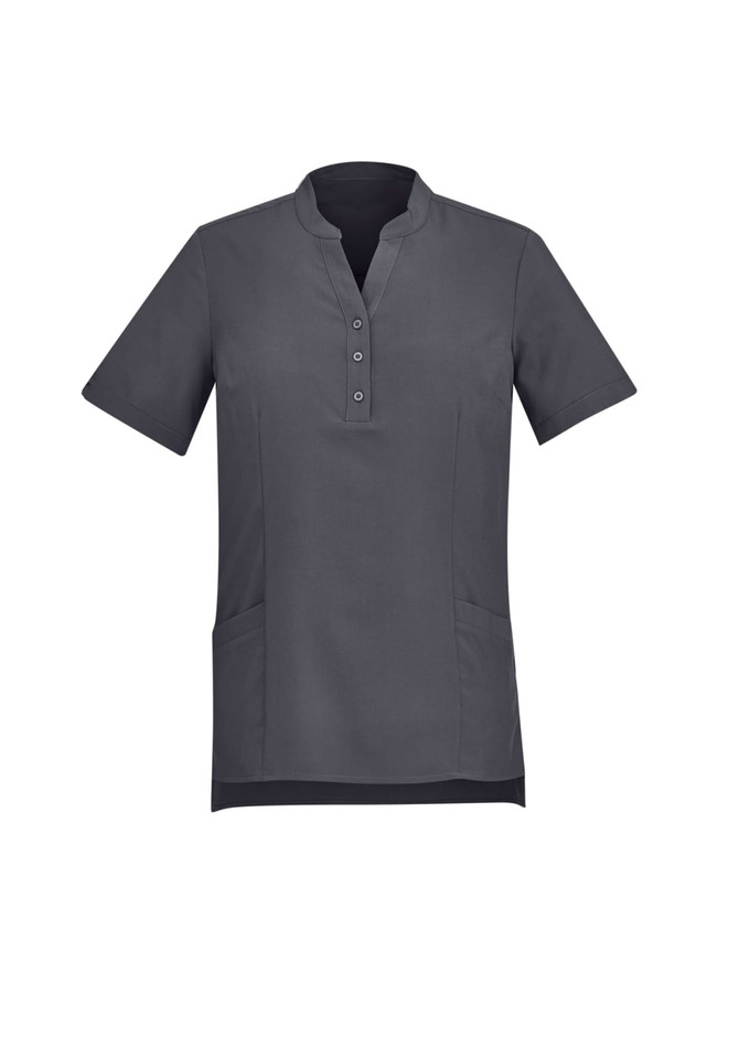 A dark grey short-sleeve women's tunic featuring a V-neck and button detail, with pockets on the sides and a logo.