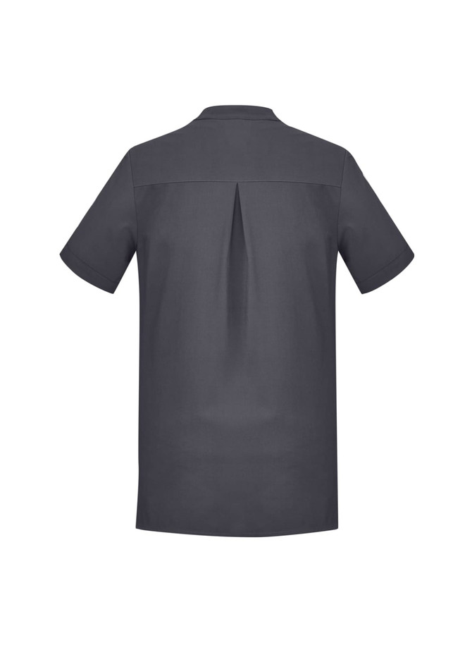 A plain dark grey women's tunic featuring short sleeves and a back pleat detail. It has a branding logo.