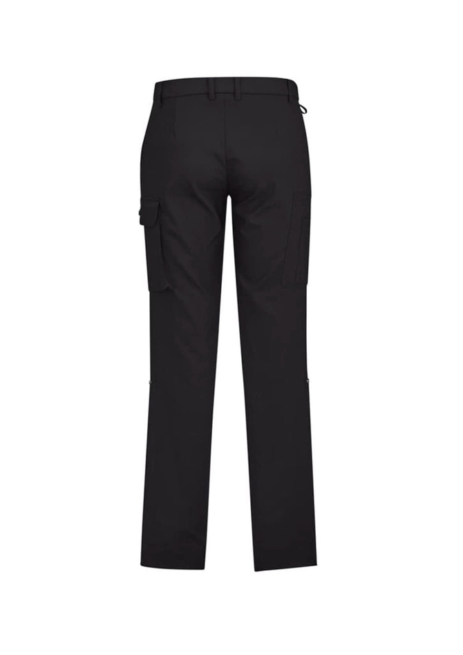 A pair of black men's cargo pants, featuring multiple side pockets and a straight leg cut, viewed from the back.
