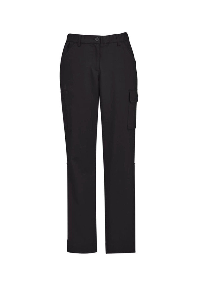 A pair of women's black cargo pants featuring comfort waist and multiple pockets. The pants have a logo.