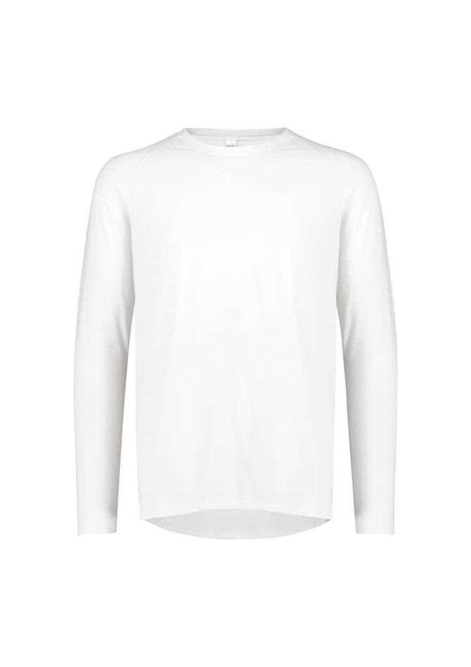 A white long sleeve t-shirt with a round neckline and a logo on the chest area.