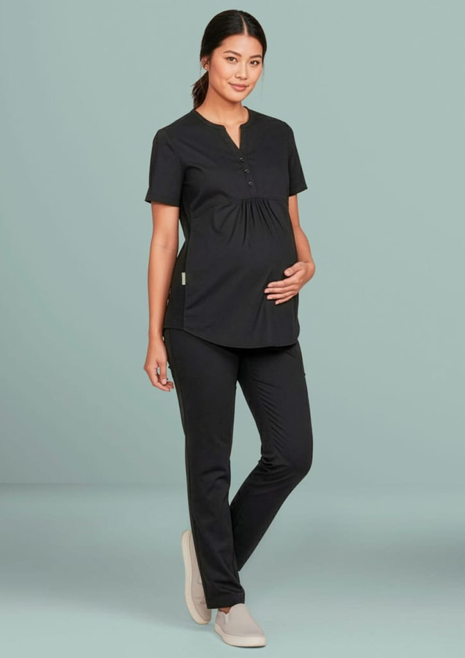 A black women's scrub top with short sleeves, featuring a buttoned neck and a logo, paired with matching pants.
