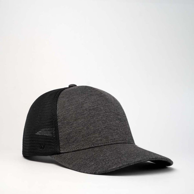 A grey trucker cap featuring a mesh back and curved brim, with a logo on the side.