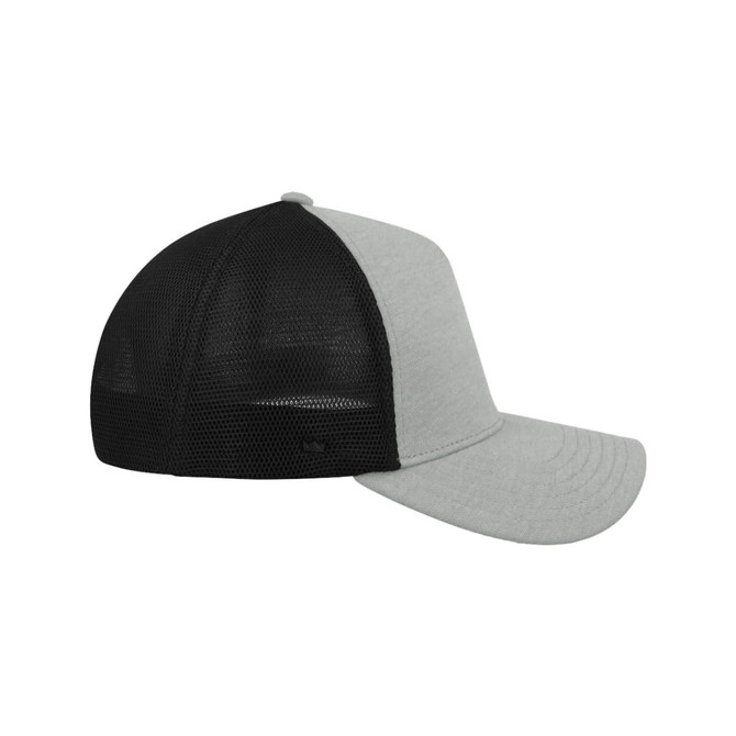 A grey and black UFlex Adults Comfort Trucker Cap featuring a mesh back and a curved peak.