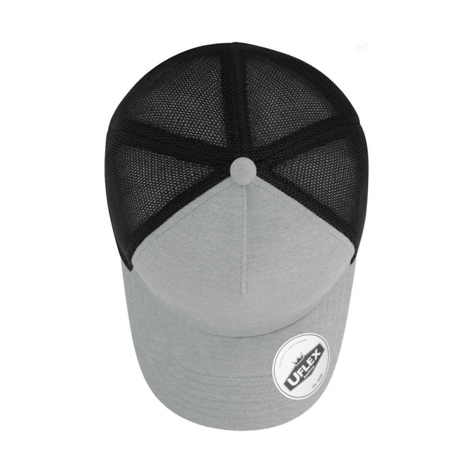 A grey trucker cap with a black mesh back, featuring a logo on the front.