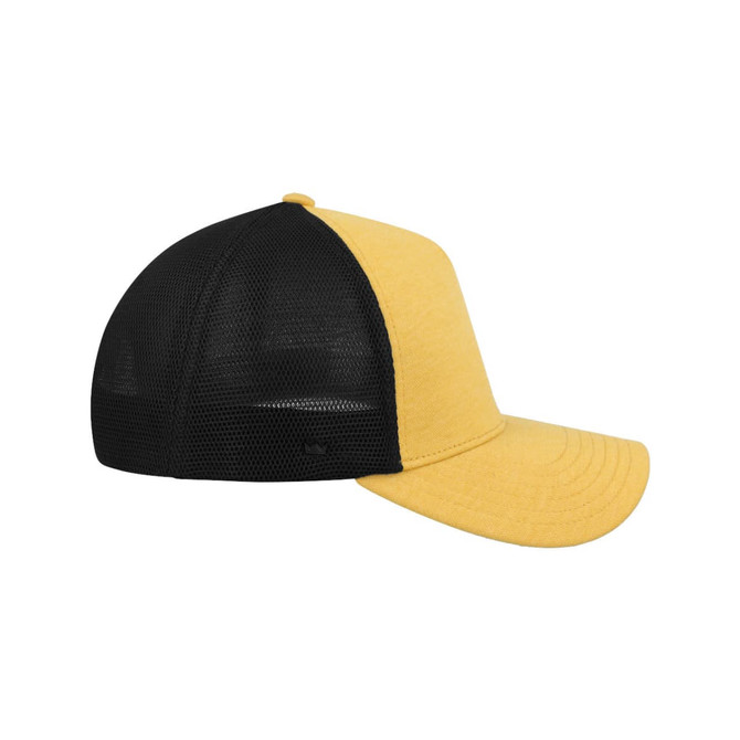 A yellow and black UFlex Adults Comfort Trucker Cap with a mesh back and a curved visor.