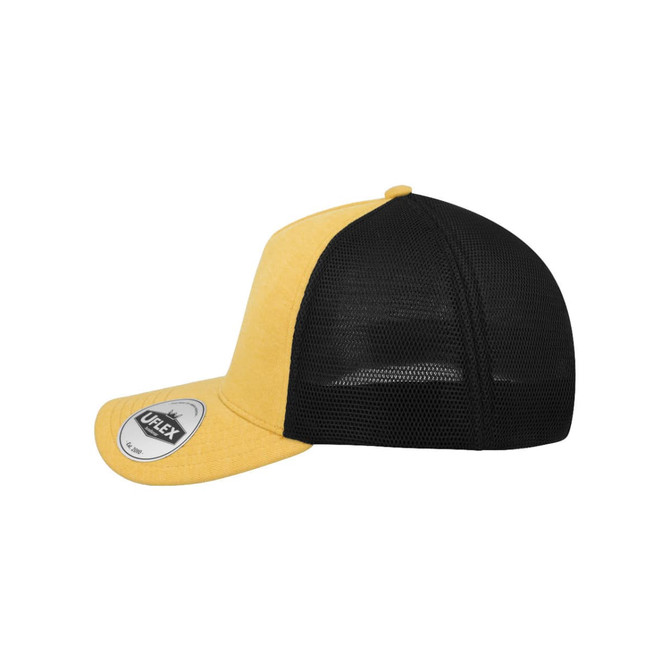 A yellow and black trucker cap featuring a mesh back and a logo on the front.