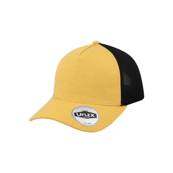 A yellow and black UFlex Adults Comfort Trucker Cap with a branded logo and mesh back.