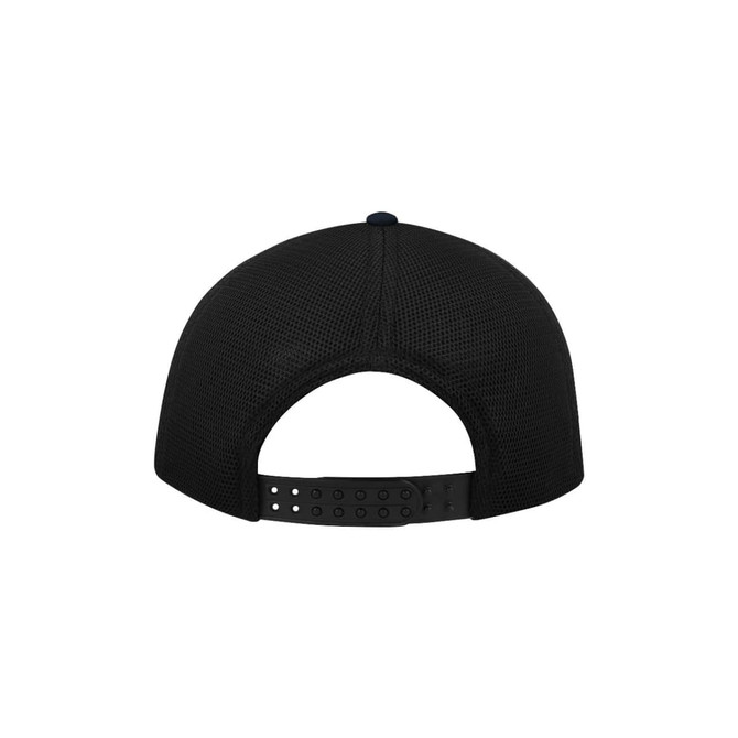 A black trucker cap featuring a mesh back and an adjustable strap, with a logo on the side.