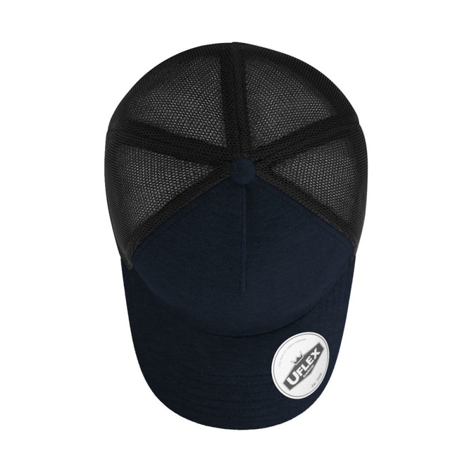 A navy trucker cap with mesh back and a round logo on the front.