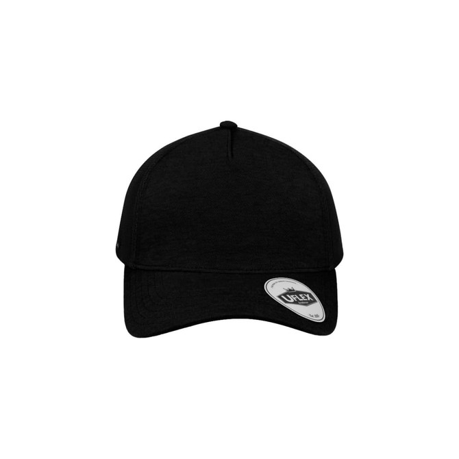 A black trucker cap featuring a structured design and a branded patch on the side.