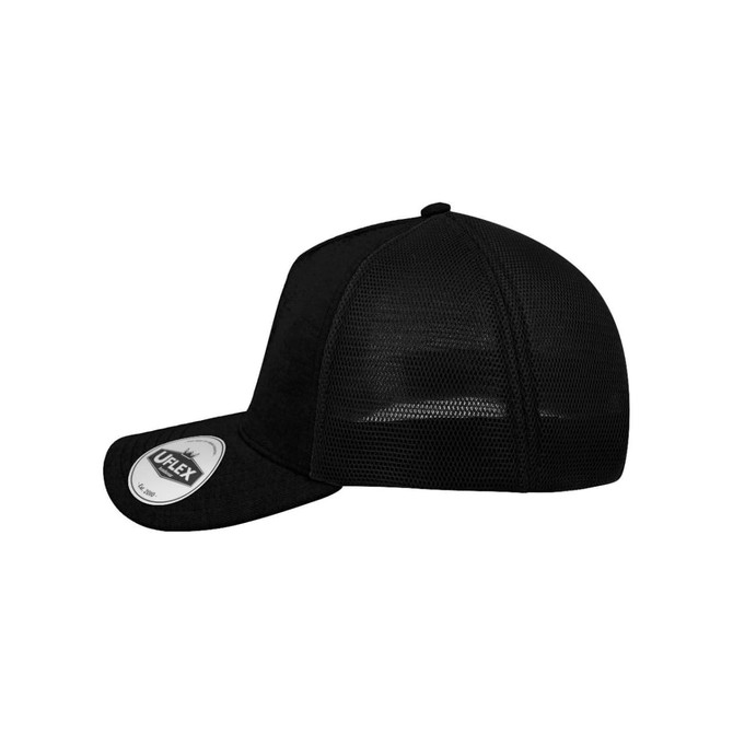 A black UFlex adults cord trucker snapback cap with a mesh back and a logo on the front.