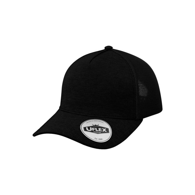 A black trucker cap with mesh panels and a branded logo. Suitable for casual headwear.