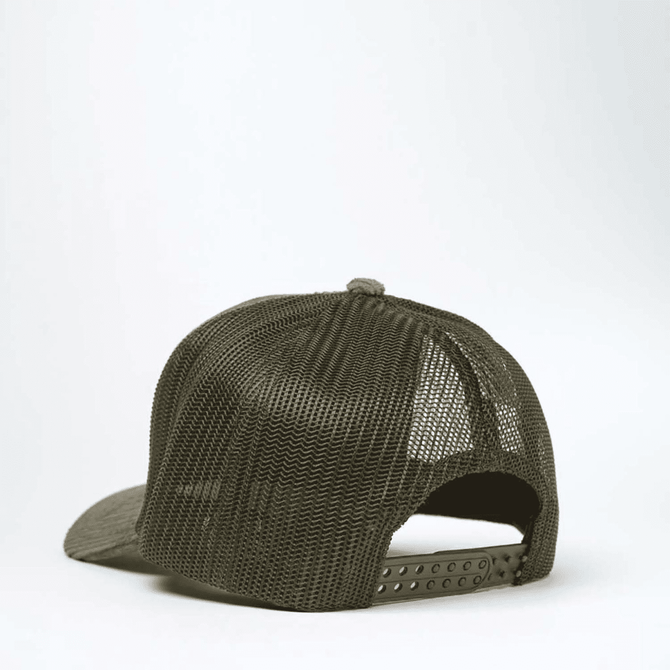 A green cord trucker snapback cap featuring a mesh back and adjustable strap. It has a logo on the front.