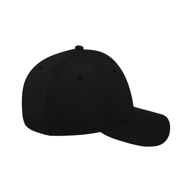 A black recycled ottoman cap with a curved brim and a logo on the back.